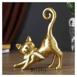 Сувенир полистоун "Золотая кошечка с бантом - потягушки" 20,5х5,5х15 см