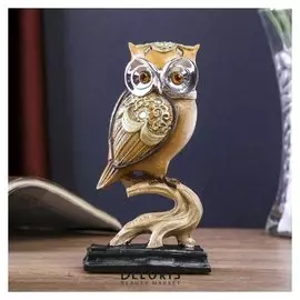 Сувенир полистоун "Золотистый филин с серебристыми глазами на коряге" 14х5,5х7,8 см