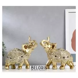 Сувенир полистоун "Золотой слон с попоной из бисера с колокольчиками" 15х14,5х7,7 см