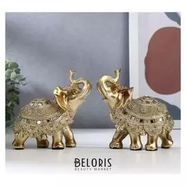 Сувенир полистоун "Золотой слонёнок с попоной из бисера с колокольчиками" 11,5х11х5,5 см