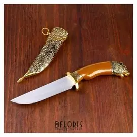 Сувенирный нож, 31 см рукоять под дерево с головой медведя, ножны расписные