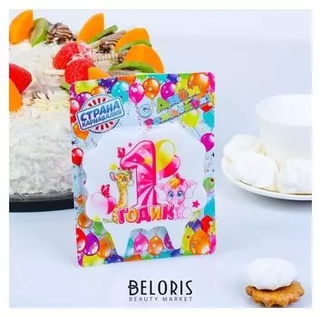 Свеча для торта цифра «1 годик, зверушки» "1" розовая