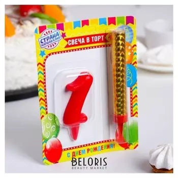 Свеча для торта цифра "Овал"красная"1" + фонтан