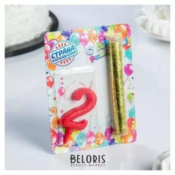 Свеча для торта цифра "Овал"красная"2" + фонтан