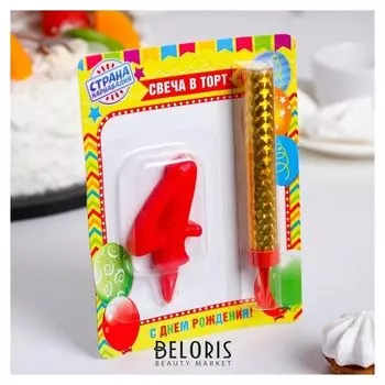 Свеча для торта цифра "Овал"красная"4" + фонтан