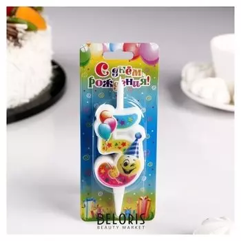 Свеча для торта "Смайлик с шарами""5"