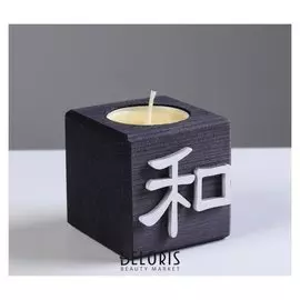 Свеча в деревянном подсвечнике "Куб, иероглифы. гармония", эбен, аромат манго