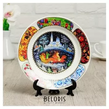 Тарелка декоративная "Палехская миниатюра. тройка лошадей", настенная, D=20 см, ручная работа