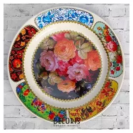 Тарелка декоративная "Жостово. пышные цветы", настенная, D=20 см, ручная работа