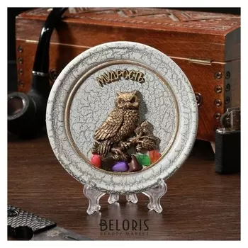 Тарелка сувенирная "Сова на ветке", керамика, гипс, минералы, D=11 см