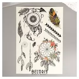 Татуировка на тело чёрная "Пёрышки/ловцы снов" 29х16 см