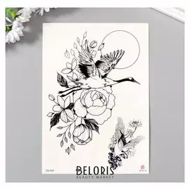 Татуировка на тело чёрная "Журавль и цветы" 21х15 см