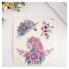 Татуировка на тело цветная "Единороги и цветы" 12х10,5 см