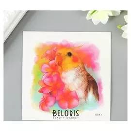 Татуировка на тело цветная "Попугай с цветами" 8х8 см