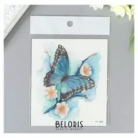 Татуировка на тело цветная с блёстками "Бабочка и цветущая ветвь" 12х10,5 см