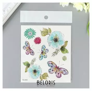 Татуировка на тело цветная с блёстками "Бабочки и цветы" 12х10,5 см