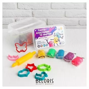 Тесто-пластилин, 12 цветов, 6 формочек + скалка: 16 см