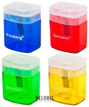 Точилка Brauberg "Officebox", с контейнером и крышкой, прямоугольная, в упаковке с подвесом, ассорти