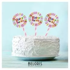 Топпер «С Днём рождения», полосочки, 6 шт., на держателе, розовый цвет