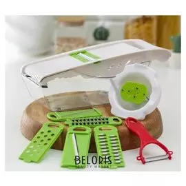 Тёрка с лотком Vegan, 6 насадок, овощечистка металлическая, цвет красный