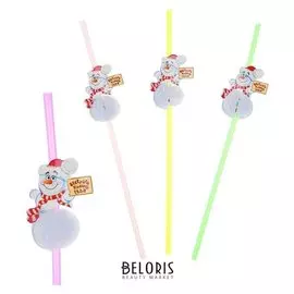 Трубочка для коктейля гофре «Весёлого нового года», снеговик, набор 6 шт.