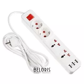 Удлинитель Luazon, 4 гнезда, 2 евро + 2 универс., с выкл., 2200вт, 3*usb, 3 м, 220в, белый