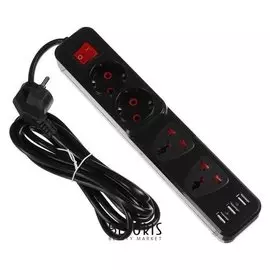 Удлинитель Luazon, 4 гнезда, 2 евро + 2 универс., с выкл., 2200вт, 3*usb, 3 м, 220в, черный 510183