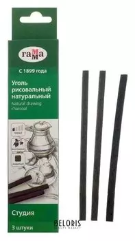 Уголь натуральный 5 мм набор 3 штуки, квадрат «Гамма» "Студия" 120 мм, твердый, виноградный