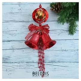 Украшение новогоднее "Два колокольчика с бусами на шаре с бантом" 16х25 см, красный