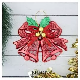 Украшение ёлочное "Колокольчик двойной с шариками и лентой" 12,3х9,5 см красный