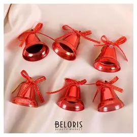 Украшение ёлочное "Колокольчики со звёздочками и бантиком" (Набор 6 шт) 3 см красный