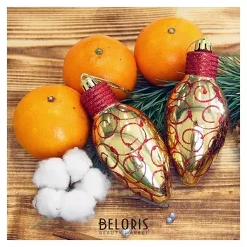 Украшение ёлочное "Лампочка с красным узором" (Набор 6 шт) 5х9 см золото