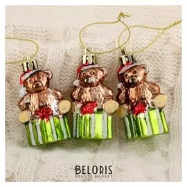 Украшение ёлочное "Мишка на подарке" (Набор 3 шт) 6х4 см