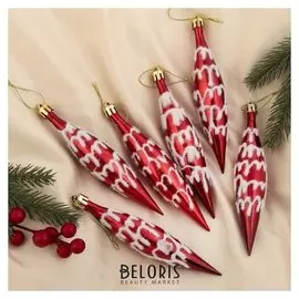 Украшение ёлочное "Сосулька с инеем" (Набор 6 шт) 13 см красный