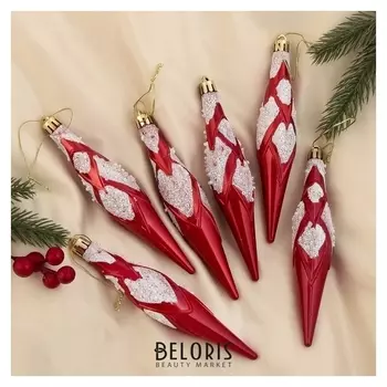 Украшение ёлочное "Сосулька с инеем" (Набор 6 шт) 14 см красная