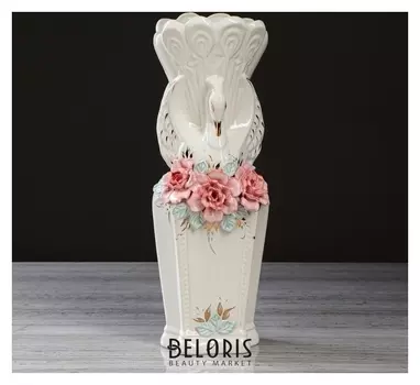 Ваза настольная "Лебедь", цветная лепка, цветы, роспись золотистая, 37 см