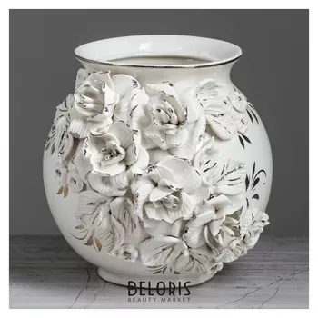 Ваза настольная "Шар", белая лепка, золото, 17 см