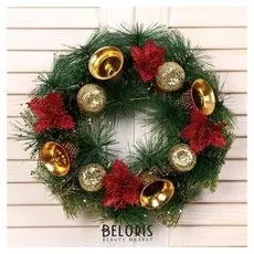 Венок новогодний D-25 см "Красные цветы и золотые колокольчики"