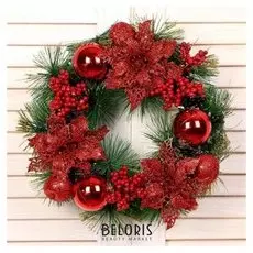 Венок новогодний D-25 см "Красные ягоды и шарики"