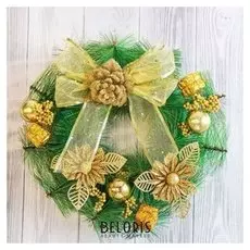 Венок новогодний D-27 см "Золотые бантики и цветы"
