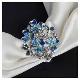 Зажим для платка "Цветы", цвет бело-синий в серебре
