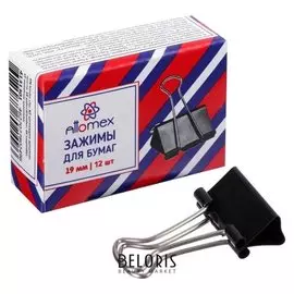 Зажимы для бумаг 19 мм, 12 штук, Attomex, металлические, чёрные, картонная коробка