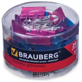 Зажимы для бумаг Brauberg, комплект 24 шт., 32 мм, на 140 листов, цвет металлик, пластиковый цилиндр