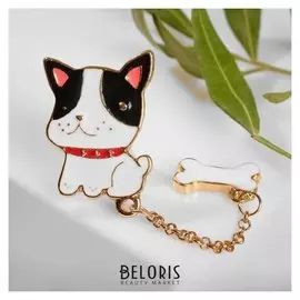 Значок "Собачка" будьдожик с косточкой, цветной в золоте