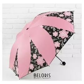 Зонт механический «Цветочный орнамент», прорезиненная ручка, 3 сложения, 8 спиц, R = 55 см, цвет розовый/чёрный