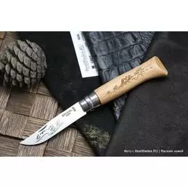 Нож складной Opinel №8, нержавеющая сталь, рукоять дуб, гравировка велосипедист