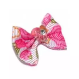 Бантик V.I.PET (пара) белый в розовый цветочек (камень сердечко)