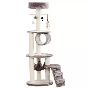 Когтеточка для кошек Foxie трехуровневая с гамаком, лесенкой и игрушками 40х40х125см серая