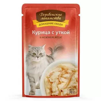 Корм для кошек ДЕРЕВЕНСКИЕ ЛАКОМСТВА Курица с уткой в нежном желе пауч 70г