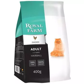 Корм для кошек ROYAL FARM для вывода шерсти, курица сух. 400г